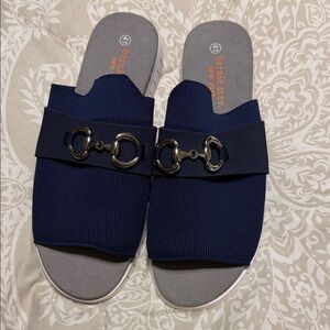 bernie mev. Navy Slide Sandals with Metallic Accents
